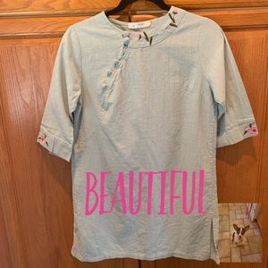 Pale green tunic with pink flower embroidery Sz M